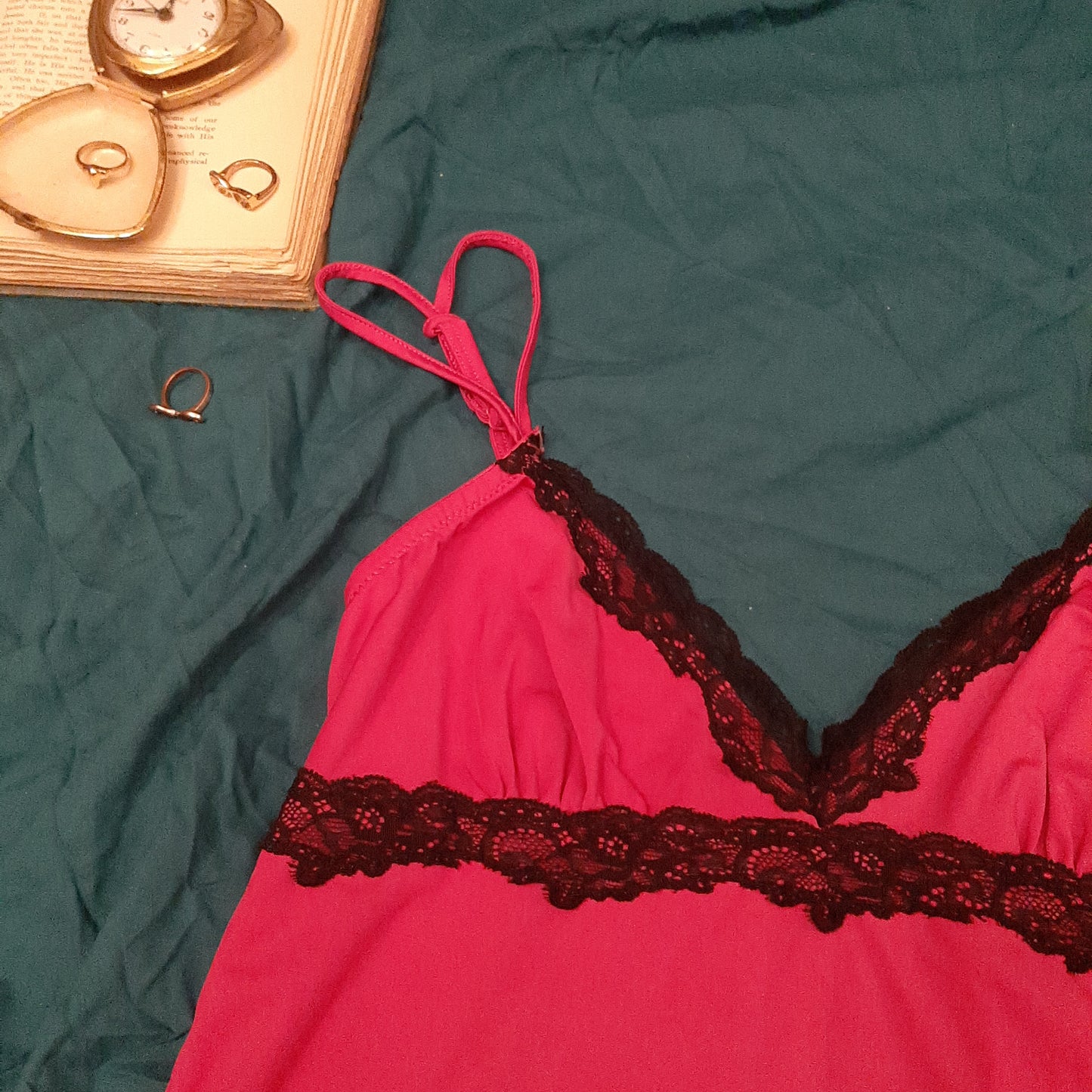 Electric pink tank and black lace trim