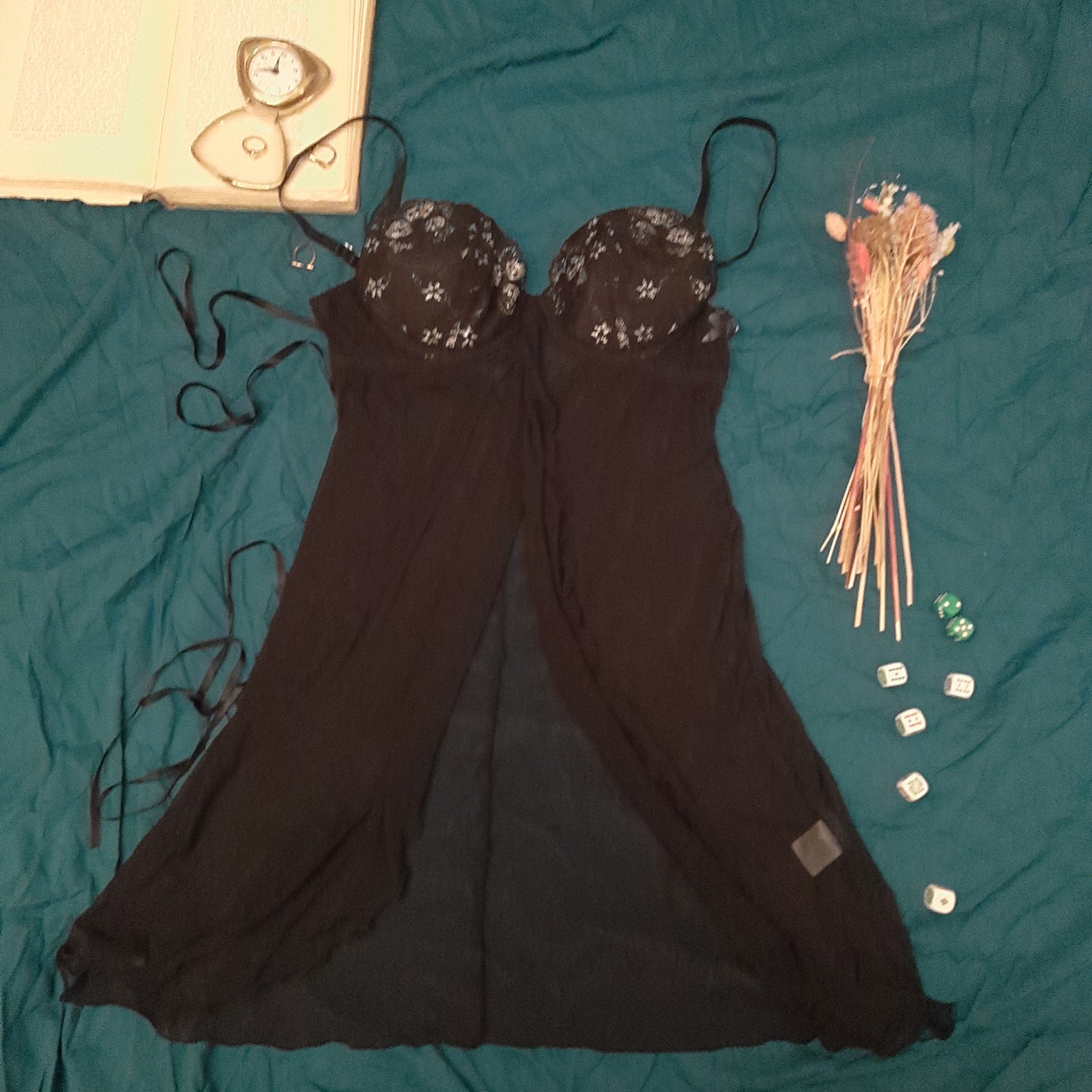 Black negligee with silver embroidery