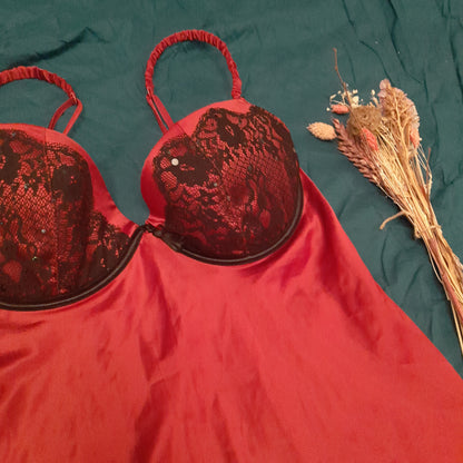 Red slip with black lace and jewel detail