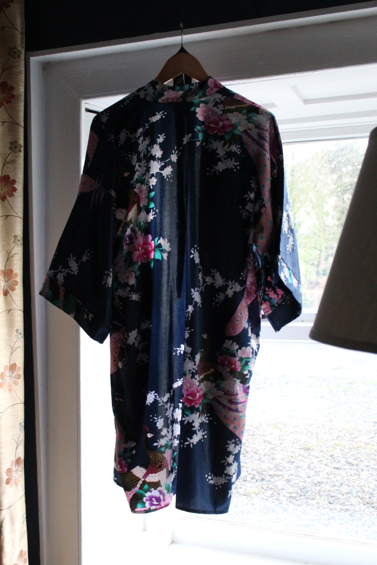 Royal blue silk robe with pink and green floral design