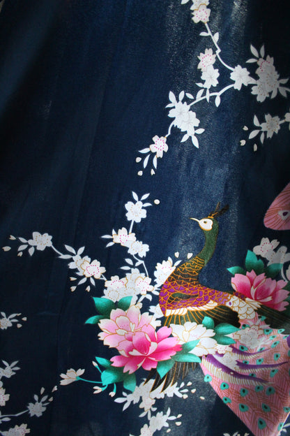 Royal blue silk robe with pink and green floral design