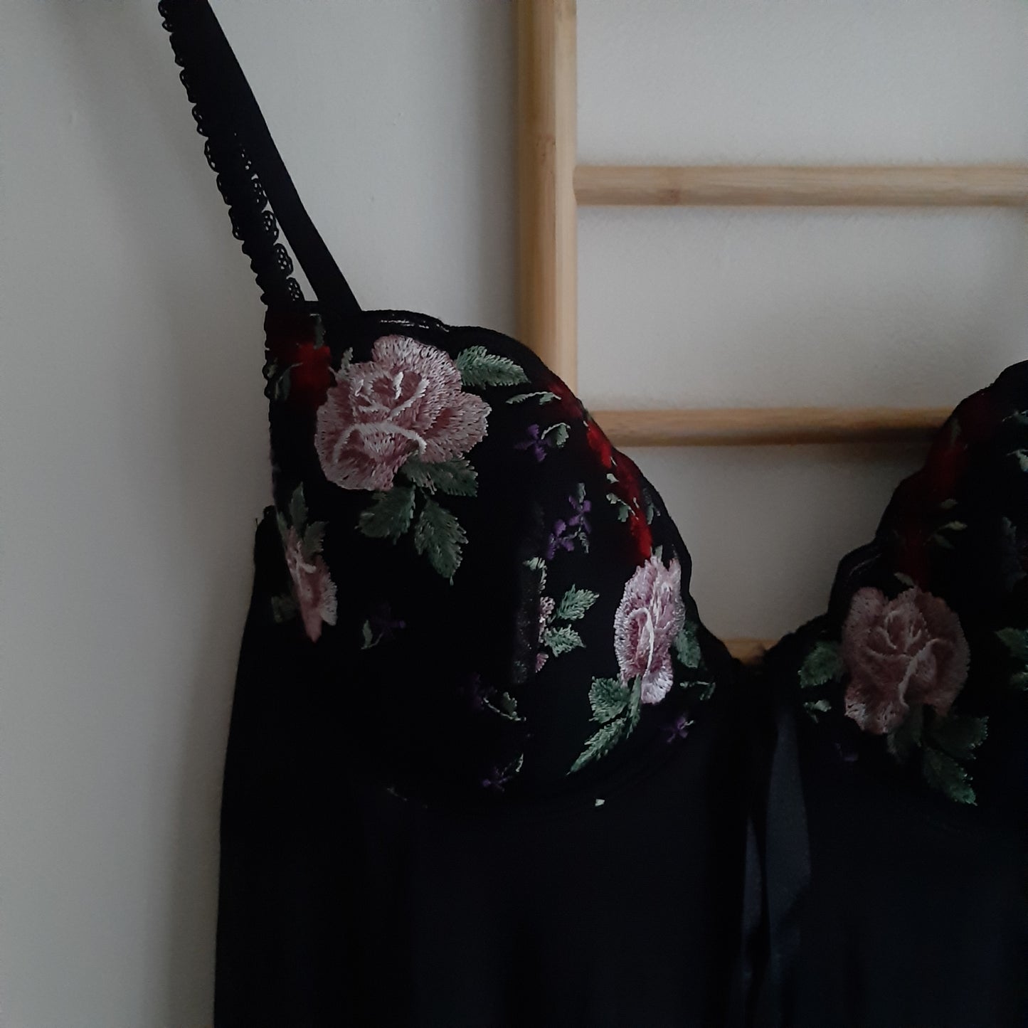 Black slip with embroidered florals