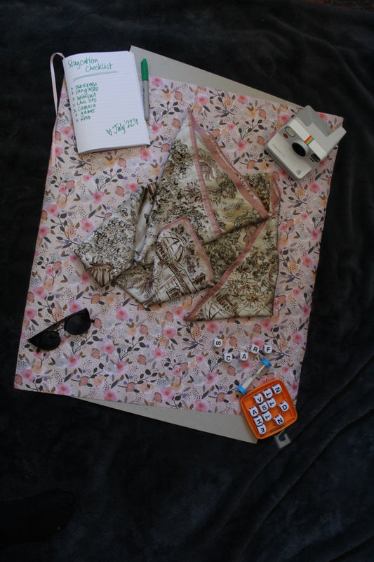 Floral pink and rose gold scarf with garden castle illustrations